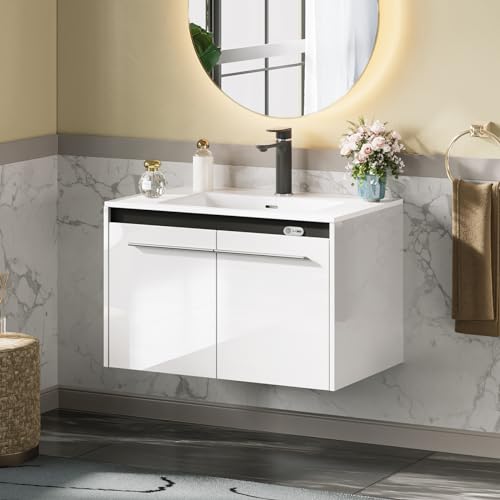 Amerlife AMER230A+96E 31 Inch Led Floating Bathroom Vanity With Sink, High Gloss Single Sink Wall Mounted Bathroom Storage Vanity Cabinet, Modern Bathroom Sink Cabinet With Metal Handles thumb #6