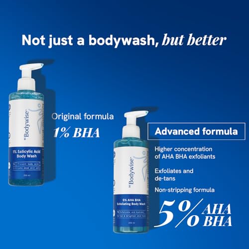 Image of Be Bodywise 5% AHA BHA De-Tan Exfoliating Body Wash 250ml | For Body Acne, Strawberry Skin, De-Tan | Infused with 3% Lactic Acid, 1% Salicylic Acid, 1% Glycolic Acid | Non-Drying, Paraben Free