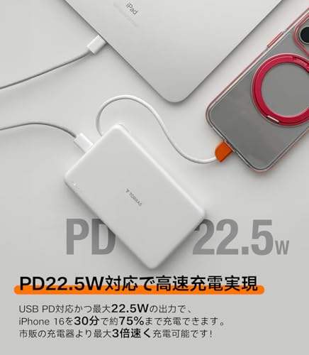 TORRAS MiniMag モバイルバッテリー ケーブル付き(2026アップグレード)コガタ 機内持ち込み可 10000mAh 大容量 22.5W 急速充電 温度監視 PSE認証済みiPhone 17 Galaxy S26 Ultra(パールホワイト)