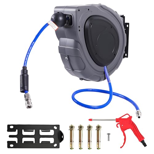 エアーホースリール 20m 天吊可能 壁掛け 180°回転 ホースリール 自動巻き取り 伸縮式スプリング エアホース 外径φ12mm 内径8mm エアータッカー エアーダスター ネイルガン エアードリル ブラケット付 車整備