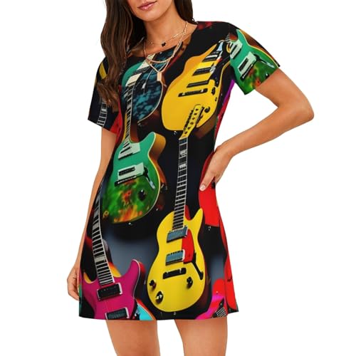 Chemise de nuit manches courtes femme vêtement de nuit imprimé guitare colorée été