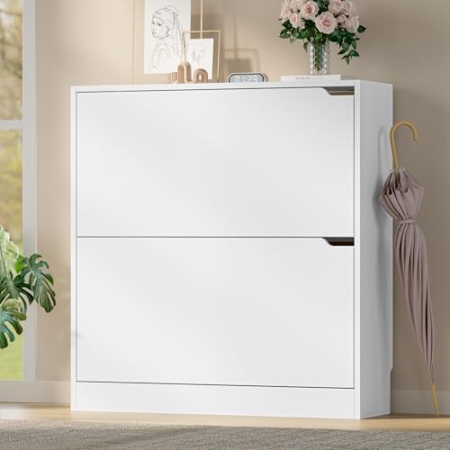 Image of BORNOON Shoe Cabinet with 2 Flip Drawers, Slim Narrow Shoe Storage Cabinet, Freestanding Shoe Organizer with Adjustable & Removable Shelves, Top Display Shelf for Entryway, Hallway, Foyer, Closet