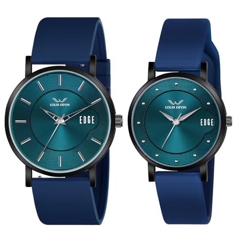 Image of LOUIS DEVIN Silicone Strap Analog Wrist Watch for Men and Women (Green /Brown /Blue /Black) | Set of 2 Wrist Watches | Couple Watches | LDCM-BK092-ST