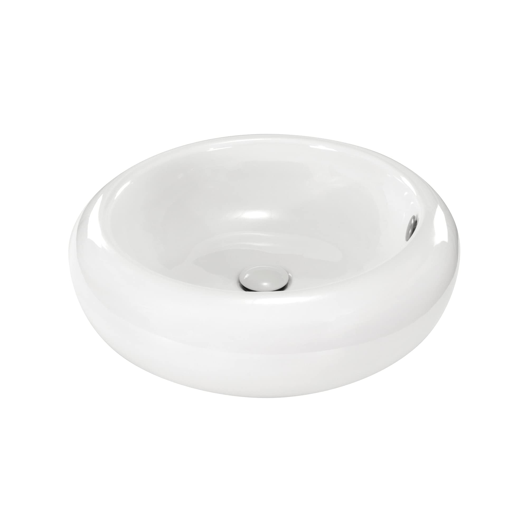 Lavabo sobre Encimera Redondo en Ceramica Brillante TENA | 50x50x16,5 cm | Incluye Tapon "Pop Up" con Valvula de Desague Click Clack | Sin Taladro Grifo | Color Blanco