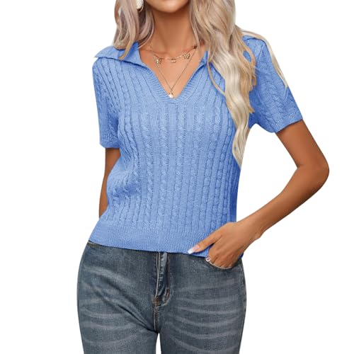 Image of MINTLIMIT Women's Short Sleeve Sweater Tops Lightweight Pullover Shirts 2025 Spring Summer Trendy Casual Blouses
