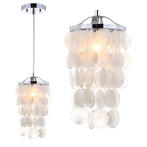 JONATHAN Y 7 White/Chrome 1-Light Seashell and Metal Pendant Light Capiz Shell Chandelier for Breakfast Nook Kitchen Adjustable Height UL Listed LED Bulb Included JYL9002A