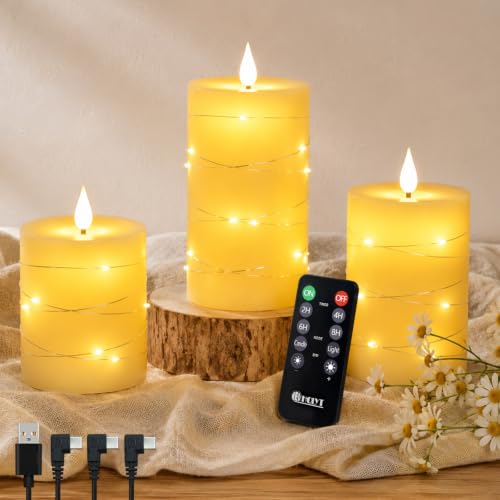 Image of LEDHOLYT Rechargeable Flameless Candles, Embedded Star String Flickering Real Wax Flameless Candles for Romantic Ambiance and Festival Home Decoration with Remote & Timer