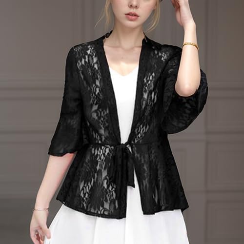 Image of FindThy Women's 3 /4 Flare Sleeve Lace Cardigan Tie Knot Front Floral Knitted Cover Up Shrugs