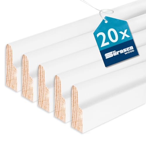 Sörnsen Wood Sockelleiste Kiefer – 8x28x2400 mm, 20 Stück hochwertige Fußleisten mit Karnies-Profil – weiß RAL 9016 lackiert und damit extra langlebig