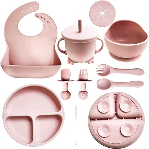 Image of Silicone Baby Feeding Set | 9 Piece Baby Led Weaning Supplies | Toddler Plates Bowls Set soft silicone | Self-Feeding Spoons | Plates for Baby Utensils | Silicone Baby set