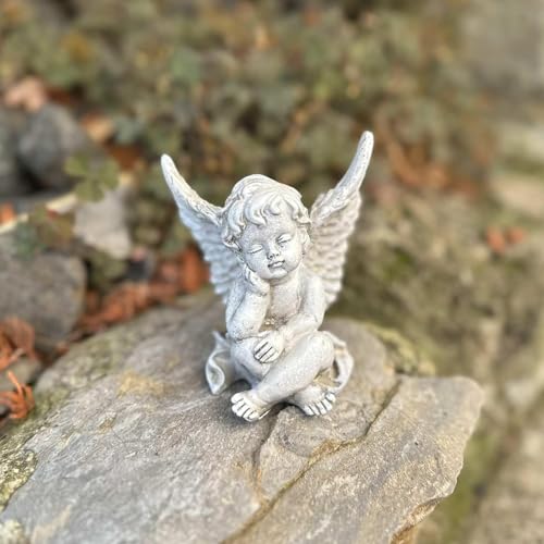 eberin365 GRABWELT Deux anges funéraires délicats en gris antique, rêvant et endormi, 11 cm de haut – Décoration intemporelle pour la Toussaint, cimetière
