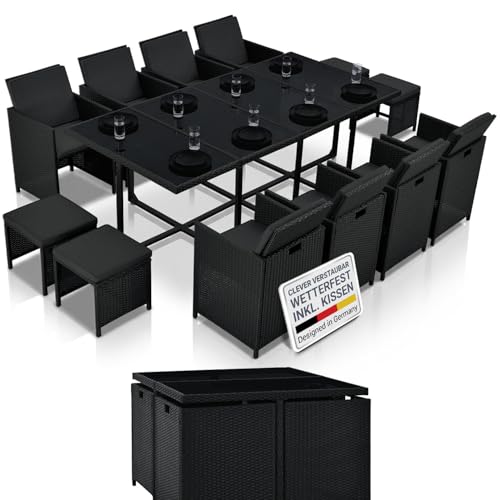 Juskys Polyrattan Sitzgruppe Baracoa XXL 13-teilig wetterfest & stapelbar - 8 Stühle, 4 Hocker, Tisch mit Glasplatte & Kissen - 12 Personen - Gartenmöbel Set für Garten & Terrasse