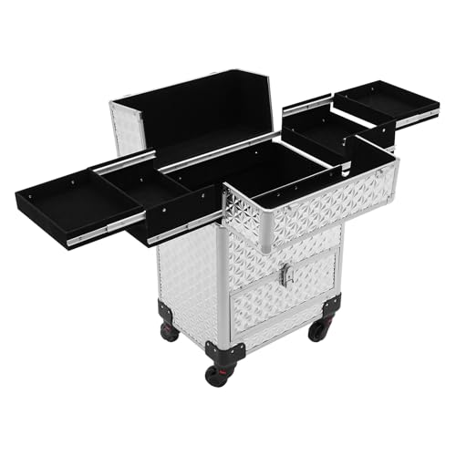Rolling Makeup Train Case with Locks and Drawers, Professional Aluminum Cosmetic Trolley Cases with 4 Universal Wheels for Studio or Travelling Nail Technician Artists (Silver) - Thumbnail 4