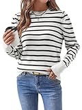 Spriolim Women's Striped Sweater Fashion 2026 Puff Long Sleeve Knit Top Casual Crew Neck Pullover Sweaters Black, X-Large