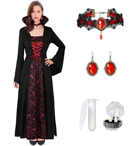 SOOFILM Vampire Costume for Women Set Royal Adult Halloween Costume Dress with Vampire Teeth Fangs Necklace Earrings
