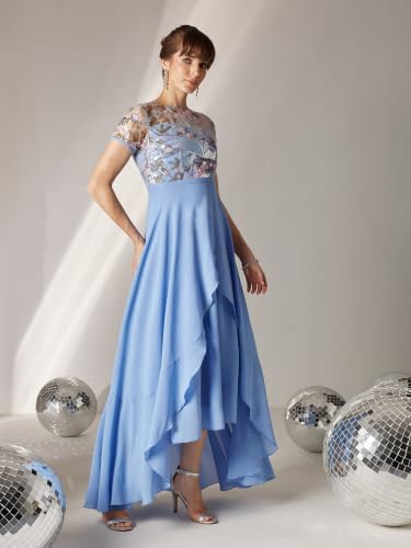 Image of Miss Chase Women's Round Neck Short Sleeve Floral Layered Georgette Midi Dress
