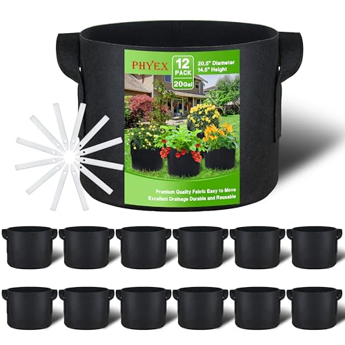 Image of 12-Pack 20 Gallon Grow Bags, Heavy Duty Fabric Pots with Handles, Reusable Plant Bags for Vegetable, Herbs & Flowers, BPA-Free, Breathable, Durable