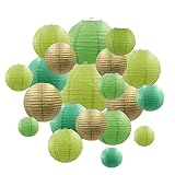 Decorative Party Paper Lanterns 20 Pcs Green & Metallic Gold & White Round Japanese/Chinese Lantern