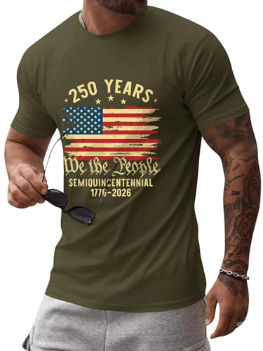 FITMENS Patriotic T Shirts for Men American 250th Anniversary Shirt Short Sleeve Graphic Tee (Army Green XL)