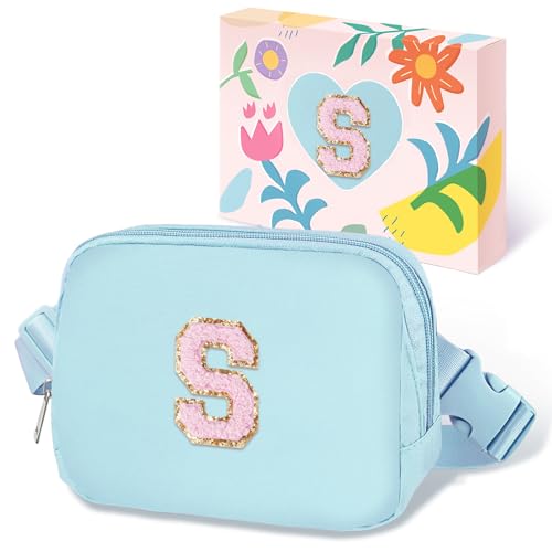 Image of COSHAYSOO Birthday Initial Gifts for Teen Girls 6 7 8 9 10 11 12 13 14 Year Old, Girl Fanny Pack Belt Bag Crossbody Shoulder Purse Blue Chenille Letter S
