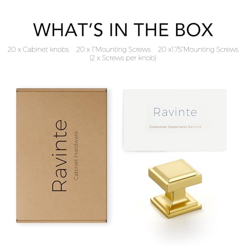 Image of Ravinte 20 Pack Brushed Gold Square Kitchen Cabinet Knobs,Zinc Solid Drawer Pulls,Farmouse Cabinet Handles for Cupboard, Closet, Dresser and Bathroom, Modern Cabinet Hardware for Cabinets
