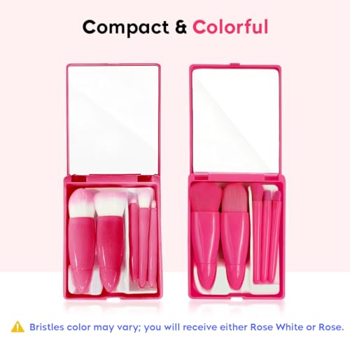 Image of Gleva Travel Size Mini Makeup Brushes Set with Mirror Small Complete Function Cosmetic 5 Pcs Brushes Kit Case Apply to Face Foundation Powder Concealers Eyebrow Eyeshadow (Rose Red)