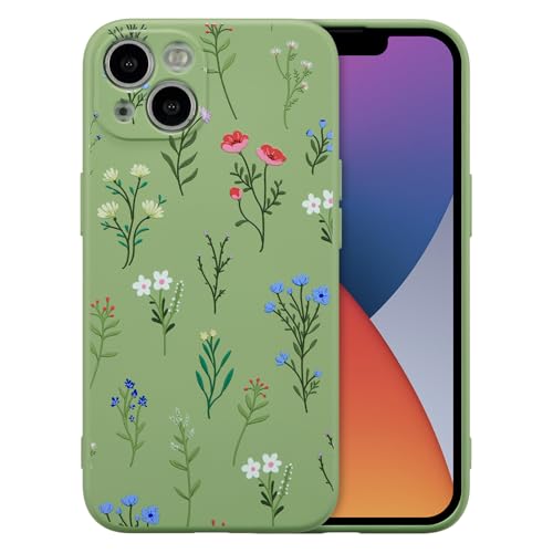 RALEAVO iPhone 14用花柄ケース シリコン かわいいカバー 女性用 グリーン