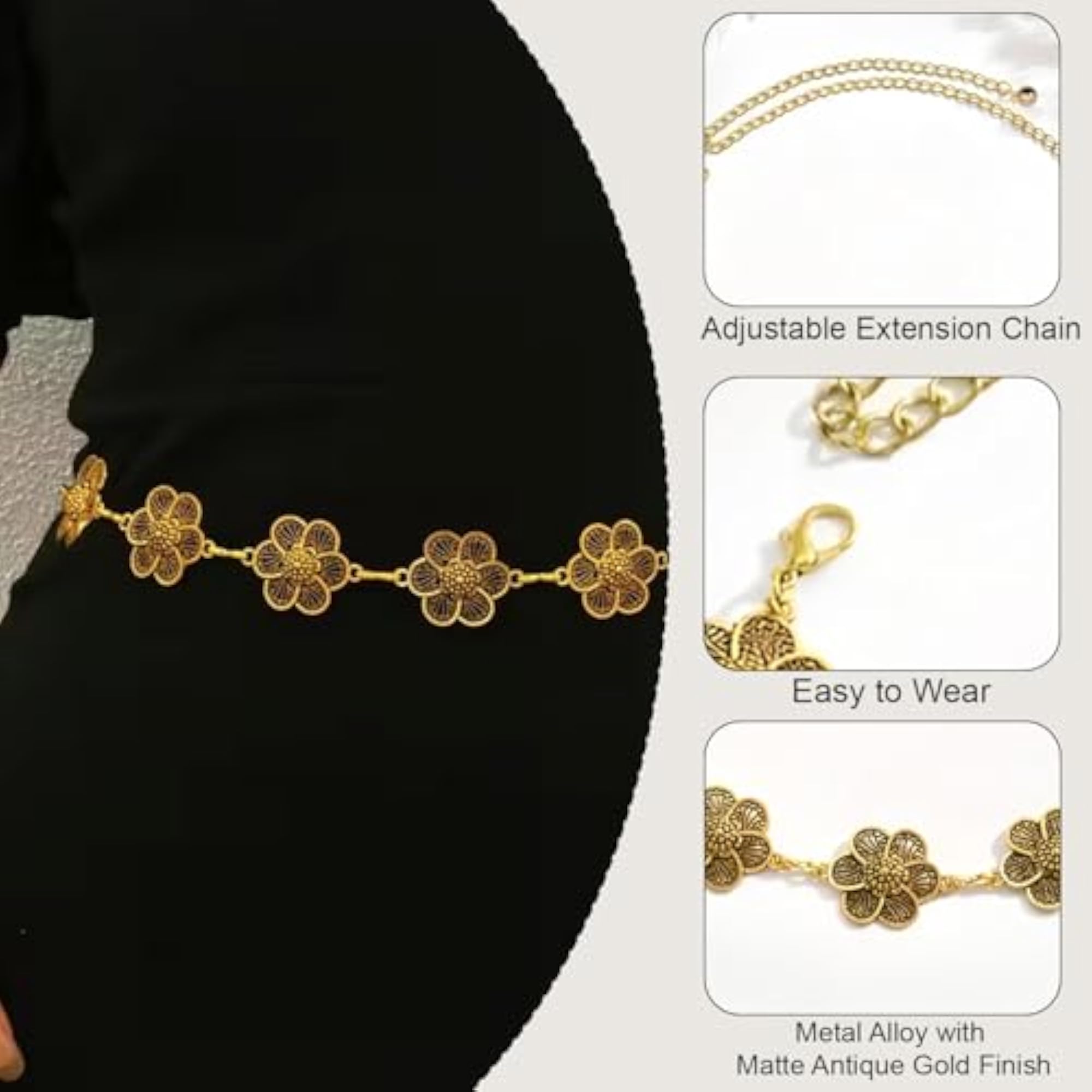 Women's Antique Floral Pattern Adjustable Waist Chain, Gold
