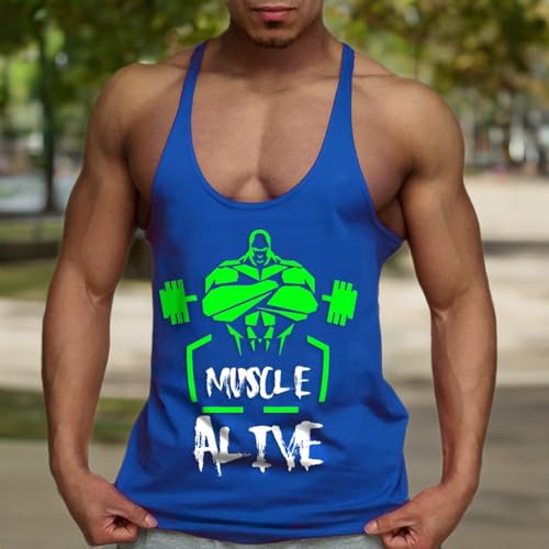 Muscle Alive Men's Bodybuilding Stringer Tank Tops Cotton Racerback Blue Color Size XL