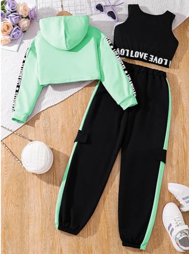 Image of Hilinker Girls Graphic 3 Piece Outfits Workout Hoodie Crop Tank and Sweatpants Set