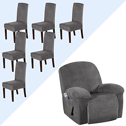 H.VERSAILTEX Recliner Chair Cover Velvet Plush 1-Piece Bundle Dining Room Chair Slipcovers Set of 6, Grey