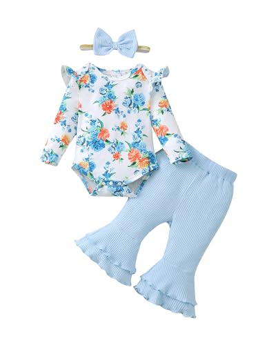 Image of SUNNY PIGGY Baby Girl Clothes Newborn Infant Outfits Ruffle Long Sleeve Romper Pants Set with Headband