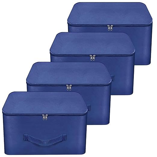 CUTBAZZ 4 Pack Nylon Wardrobe Bag Underbed Moisture Proof Foldable Cloth Storage Organizer, Storage box for Clothes Saree Bags with Zippered Closure & Handle (Blue, 38x35.5x25.4 cm)-image-33