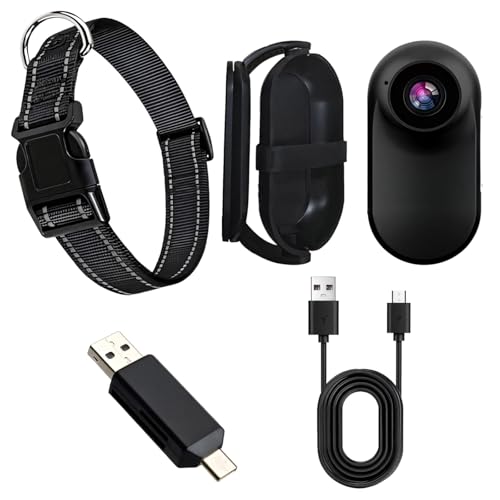 Mini cámara para mascotas con collar ajustable, cámara de acción HD de montaje de 360° para perros y gatos, incluye adaptador Otg y cable USB para uso en interiores y exteriores