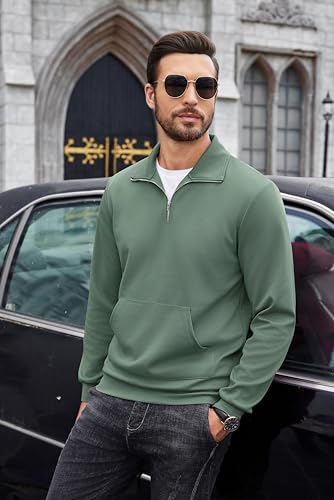 Coofandy Mens Lightweight Workout Coat Kangaroo Pockets Sweater Quarter Zipper Neck Pullover Sweatshirt Green thumb #1