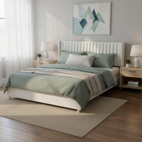 Image of APRODZ King Size Bed | Upholstered Bed Frame with Channel Tufted Headboard | Bed King Size Wooden Legs | Double Bed King Size Without Storage | Bedroom Furniture | Beige Fabric & Black Wooden Legs