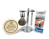 G.B.S Shaving Set Made in Soligen Germany MK 23 Safety Razor Long Handle, Taylor Of Bond Street Shave Cream Bowl Stand. Professional Badger Brush, 10 Pack of Blades Holiday Christmas Classic Vintage