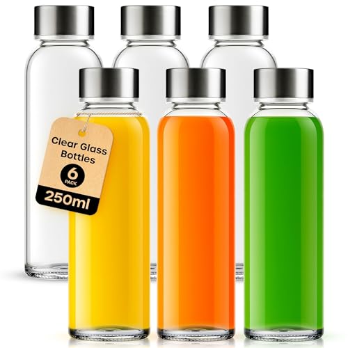 Botellas de vidrio con tapas, paquete de 6 botellas de vidrio a prueba de fugas de 250 ml para agua, jugo, leche y batidos, botella de vidrio reutilizable con tapas de metal herméticas, cepillo de