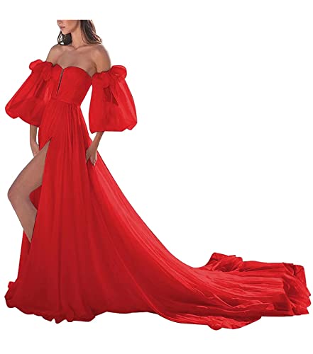 SoDigne Puffy Sleeve Prom Dresses with Train Long Slit Chiffon Off Shoulder Formal Evening Party Gowns