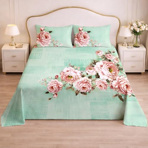 Image of Cloth Fusion Glace Cotton Super King Size Flat Bedsheet 108 x 108 Inch with 2 Pillow Covers (Rose Lagoon)