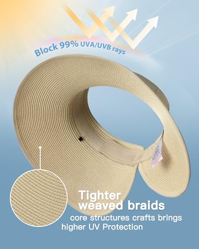 Image of FURTALK Womens Sun Hat with Ponytail Hole Wide Brim Beach Straw Visor | Foldable & Packable for Beach Vacations, Adjustable Fit for Messy Buns, Detachable Windproof Strap, Sweat-Wicking Inner Band