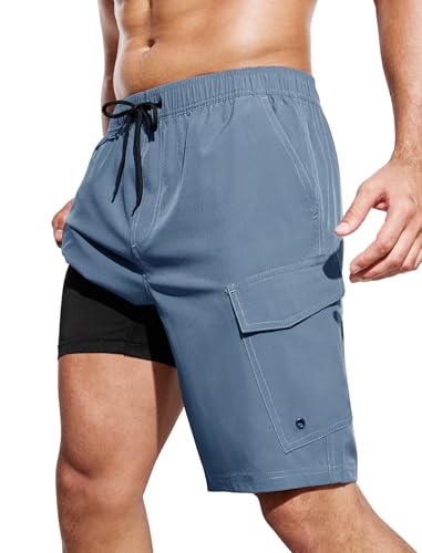 SILKWORLD Men's Swim Trunks with Compression Liner Cargo Pockets Swimming Shorts 9 in Bathing Suits for Beach, Pool, Vacations, Grey Blue, XX-Large
