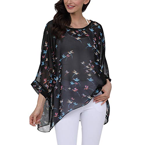 Image of Ckikiou Plus Size Batwing Flowy Semi Sheer Chiffon Blouse Tunic for Women Summer Floral Print Boho Beach Cover ups