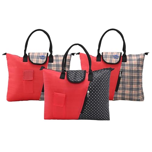 Image of Urbane Home Pack of 3 Foldable Shopping Bags For Women with 3 Small Pockets | Grocery /Vegetable Bags For Market | Black-Red, Blue-Maroon & Maroon