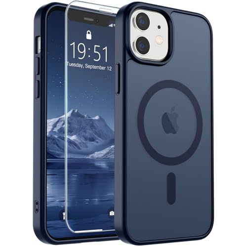 Image of SUPFINE Magnetic for iPhone 12 Case /iPhone 12 Pro Case with Screen Protector (Compatible with MagSafe)(Military Grade Drop Protection) Translucent Matte Shockproof Phone Cover,Dark Blue