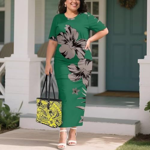 Image of Puletasi Samoan Traditional 2 Piece Outfits for Women Short Sleeve Crop Top and Maxi Skirt Sets Puletasi Dress