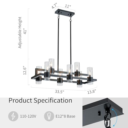 Image of WUZUPS Island Rectangle Chandelier 8-Light with Clear Glass Industrial Modern Farmhouse Linear Light Fixture for Dining Room Kithen Island, Width 33.5 inch Height 12.6 inch, Black