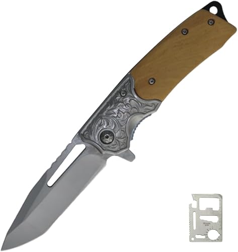 Folding Pocket Knife with Wood Handle, Engraved Stainless Steel Bolster, Includes Multi-Tool Card