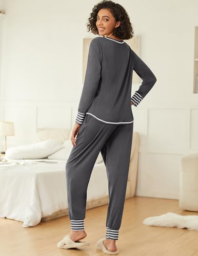 Image of Ekouaer 2 Pack Womens Pajama Sets Long Sleeve Lounge Sets Soft Pj Sleepwear Loungewear