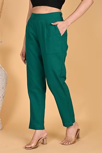 Image of Women's Solid Straight Fit 100% Cotton Trousers | High Waist, Side Pockets, Ankle Length Pants for Office, Casual